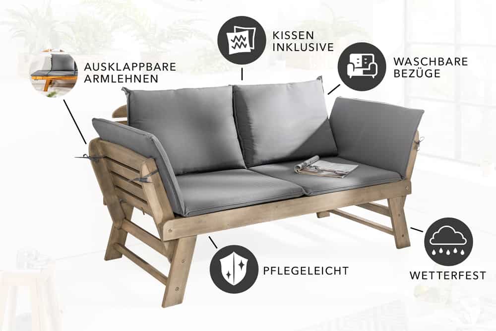 Massivholz Sitzbank MODULAR 155-190cm grau Akazie inkl. Kissen Gartenbank klappbar