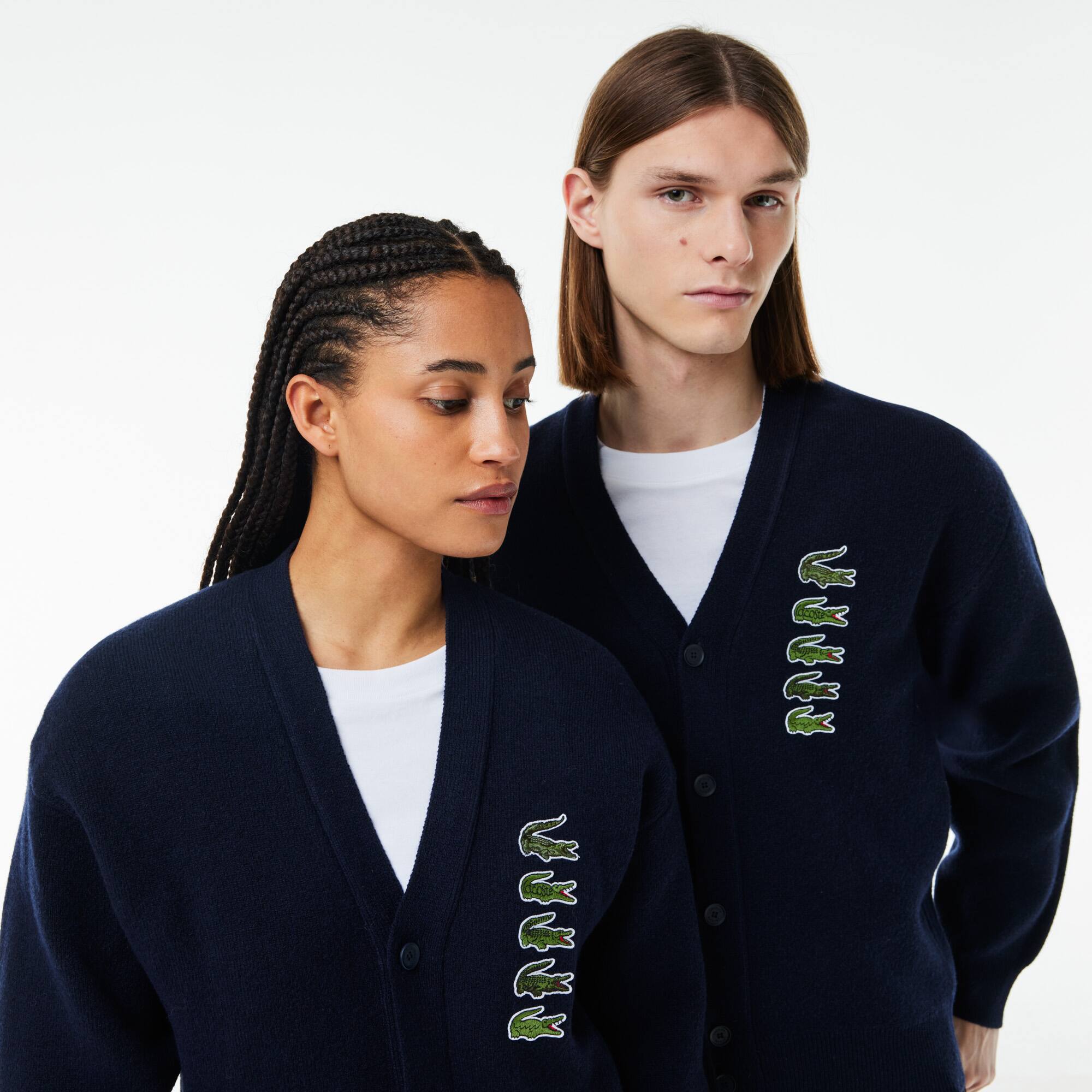 Cardigan double face laine et coton avec crocodiles iconiques Pullovers - Bleu - Lacoste - Unisex