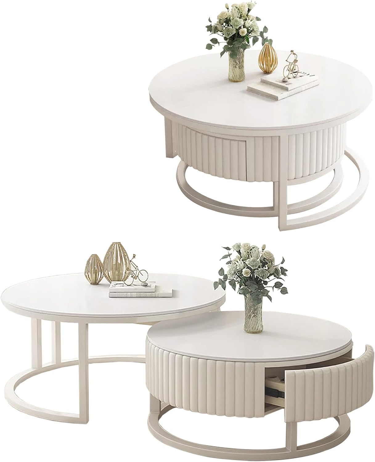 Runder Couchtisch 2er Set, Moderne Hochglanz Marmormuster Nested Satztische, Rund Kaffeetisch Beistelltisch Sofatisch Set Mit Schublade, Für Schlafzimmer Wohnzimmer
