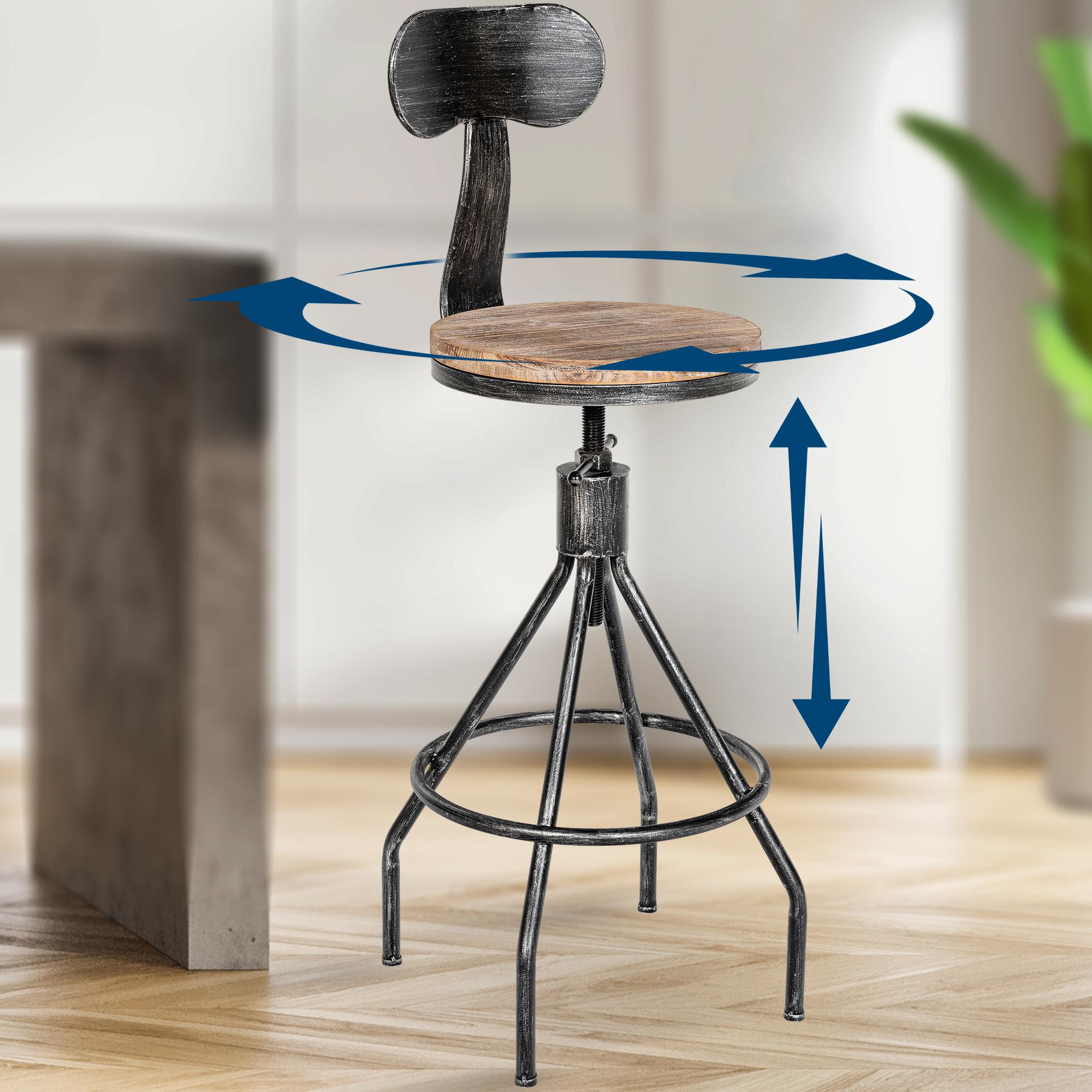 CLP Barhocker Hanam im Industrial-Look I Höhenverstellbarer Barhocker mit Holzsitz und Rückenlehne I Metallhocker mit Fußablage
