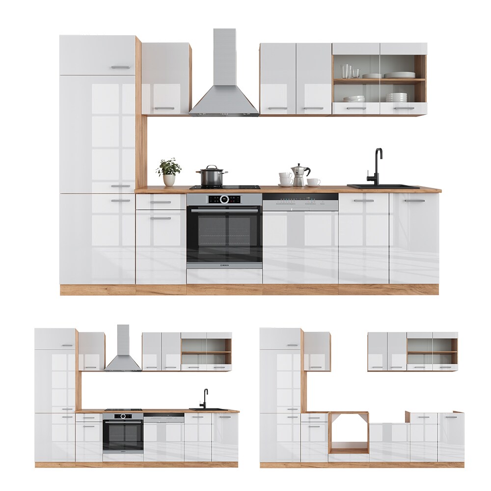 Vicco Küchenzeile Küchenblock Einbauküche R-Line 300cm Kühlumbauschrank Weiß