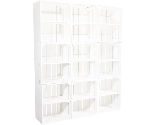 Vintage witte fruitkist met horizontale middenplank, 50x40x30 cm, set van 3