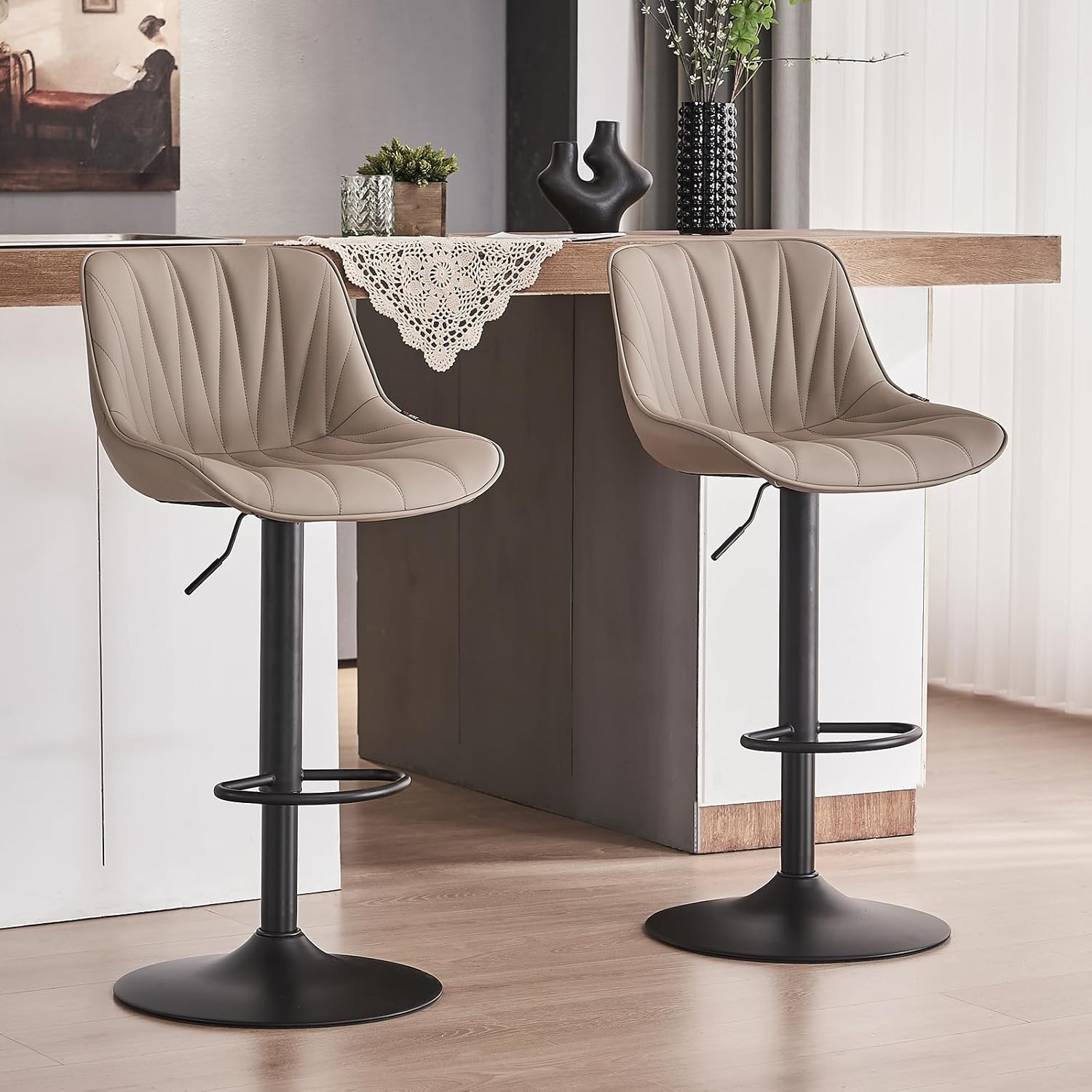 YOUTASTE Barhocker 2er Set Barstuhl Höhenverstellbar, Drehbar mit PU-Leder, Tresenhocker mit Rückenlehne und Fußstütze Sitzhöhe 57cm - 82cm für Küche, Theke, Bar, Khaki