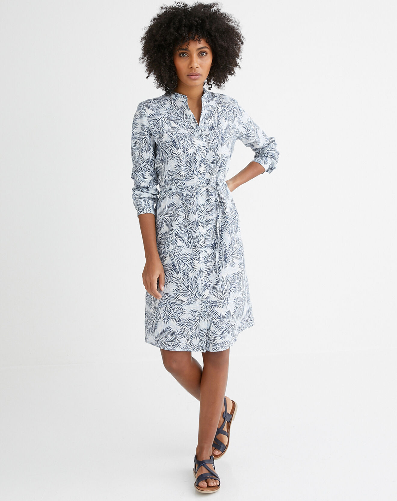 Cyrillus Robe chemise 100% Lin imprimée Palms bleue