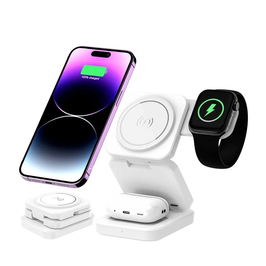 (15W) 3in1 MagSafe Ladegerät Qi Wireless Charger Faltbarer Ladeständer für Apple Watch / Smartphone / AirPods - Schwarz