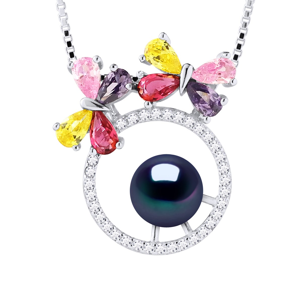 Collier PAPILLONS Perle d'Eau Douce Ronde 8-9 mm Noire Argent 925