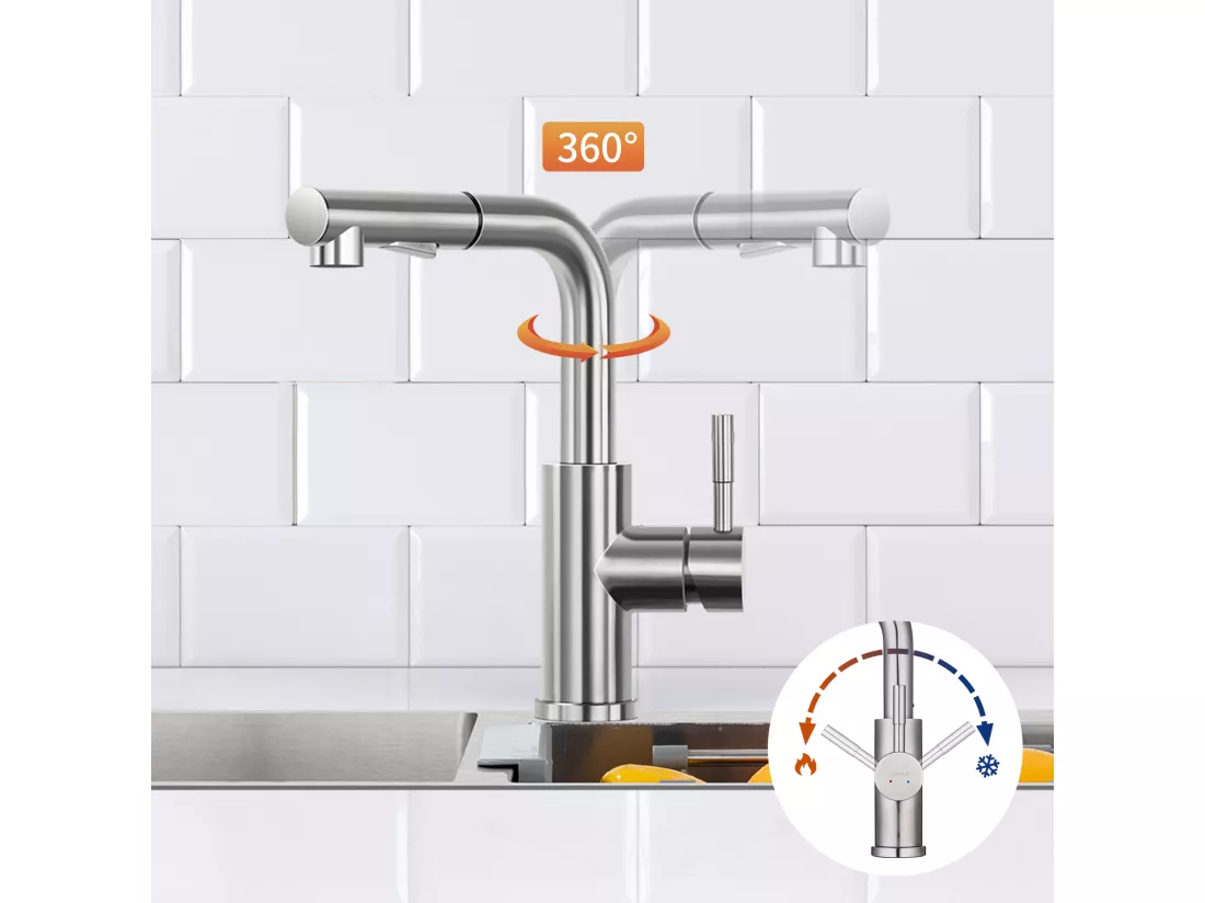 Robinet de Cuisine 7-forme avec 2 Fonctions Douchette Extractible Mitigeur Cuisine en Acier Inox Rotatif à 360° avec Barboteur démotable,Brossé