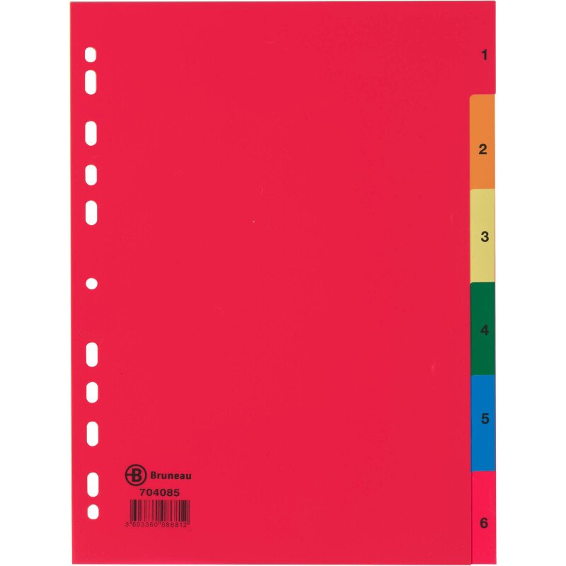 Intercalaire A4 polypropylène coloré Bruneau 6 onglets numériques multicolores - 1 jeu