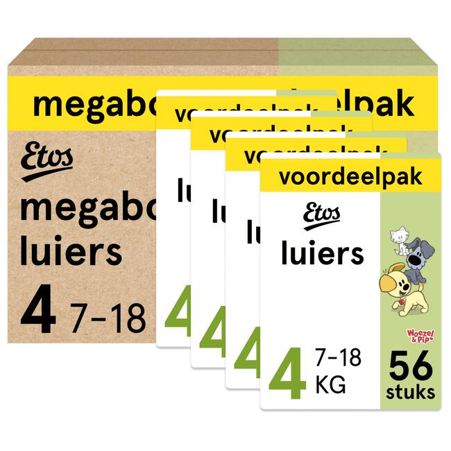 Etos Woezel & Pip Luiers MaxiMaat 4 7-18 kgMegabox 4x56 stuks
