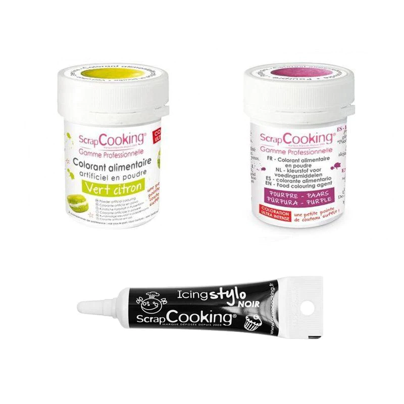 2 colorants alimentaires pourpre-vert citron + Stylo glaçage noir Scra
