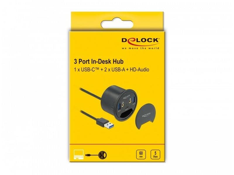 Delock Tisch-Hub USB 3.0 Typ A/C   HD Audio USB-/Audio-Hub für Tischplattenmontage: 3x USB und 2x HD-Audio