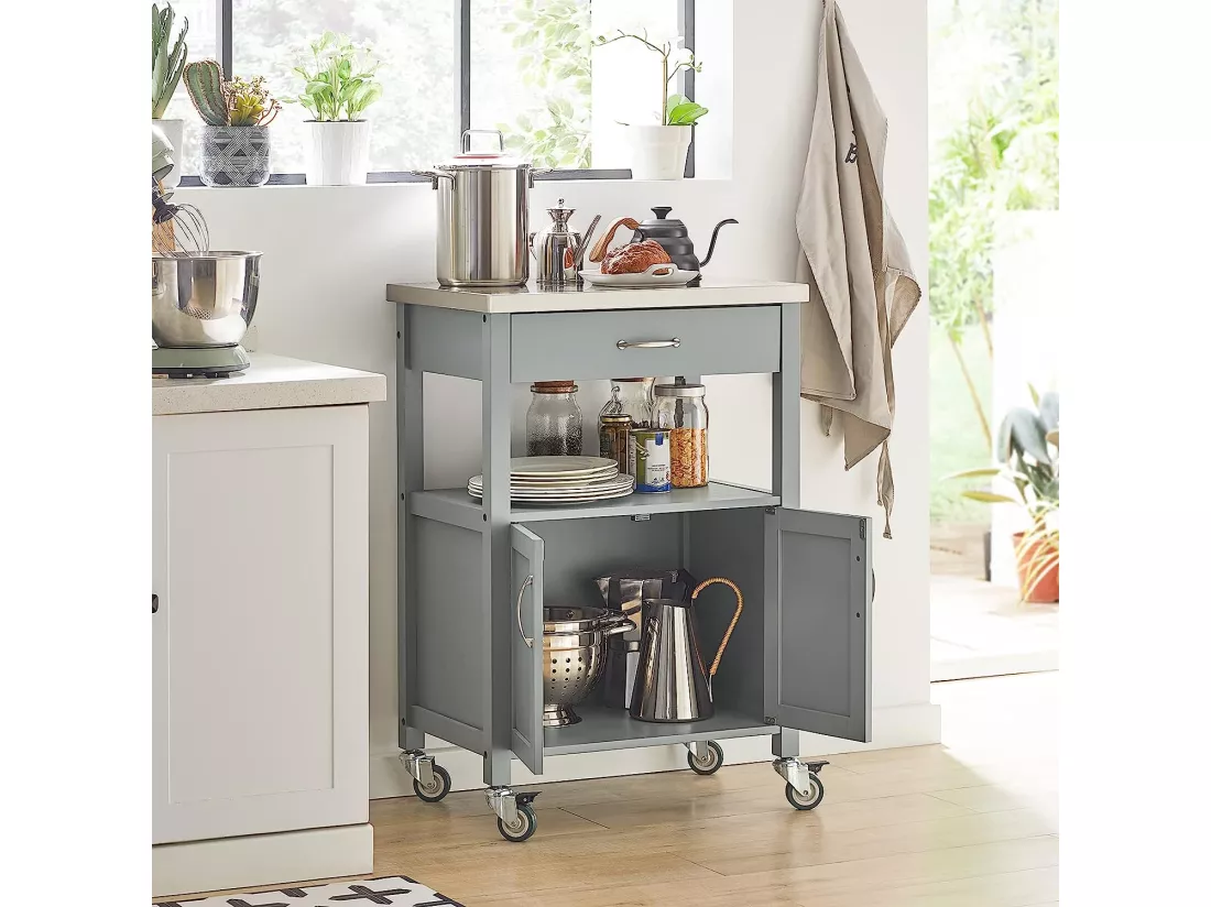 Desserte De Cuisine Roulante, Meuble De Rangement À Roulettes Plateau En Acier Inox, Fkw22-hg