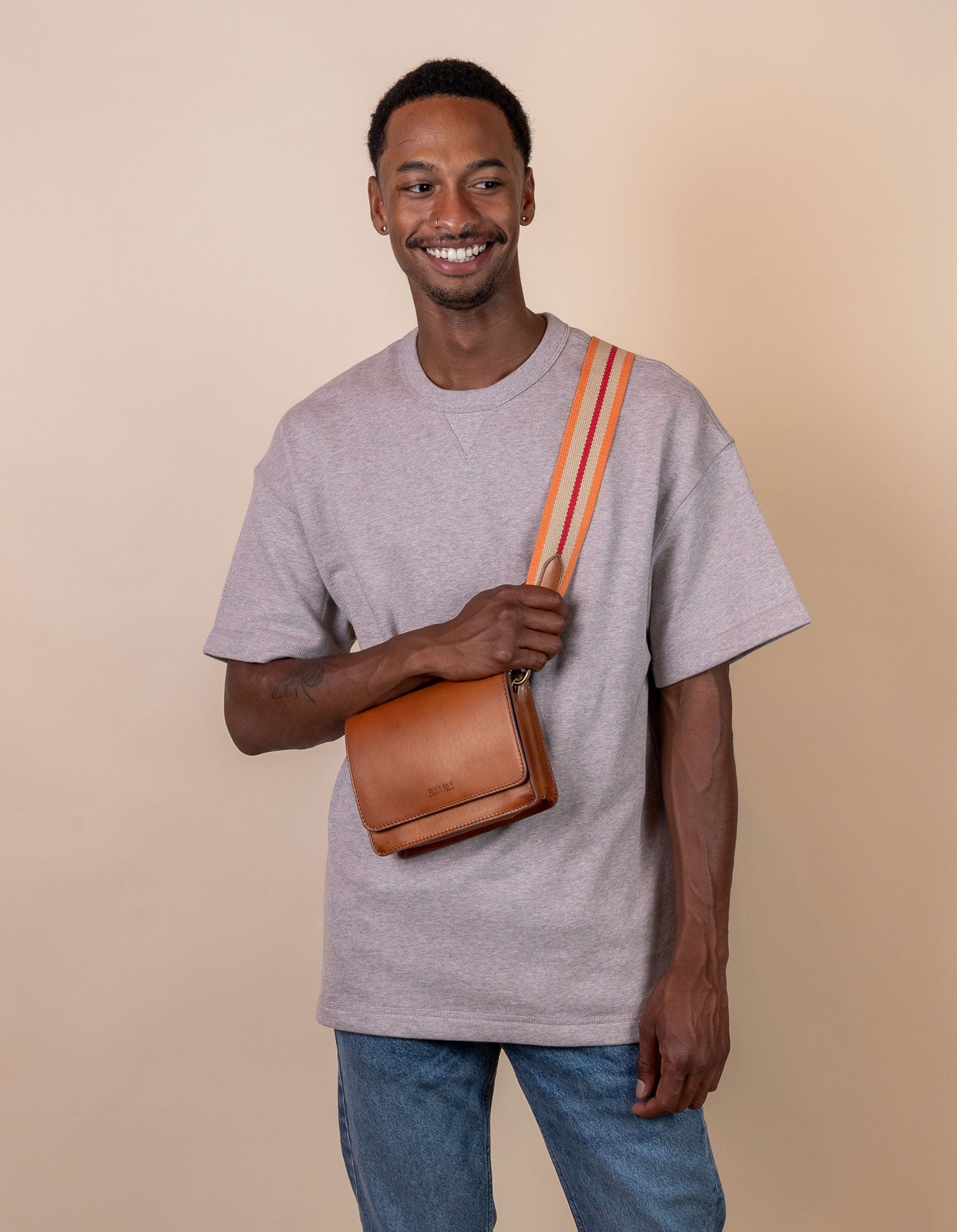 Striped Webbing Strap - Orange, Red & Cognac Classic Leather