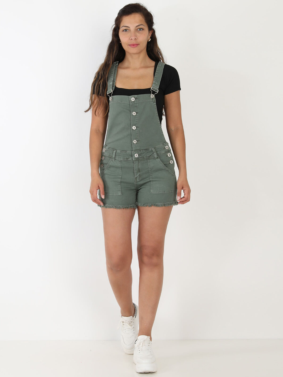 Salopette short effilochée en jean- Kaki