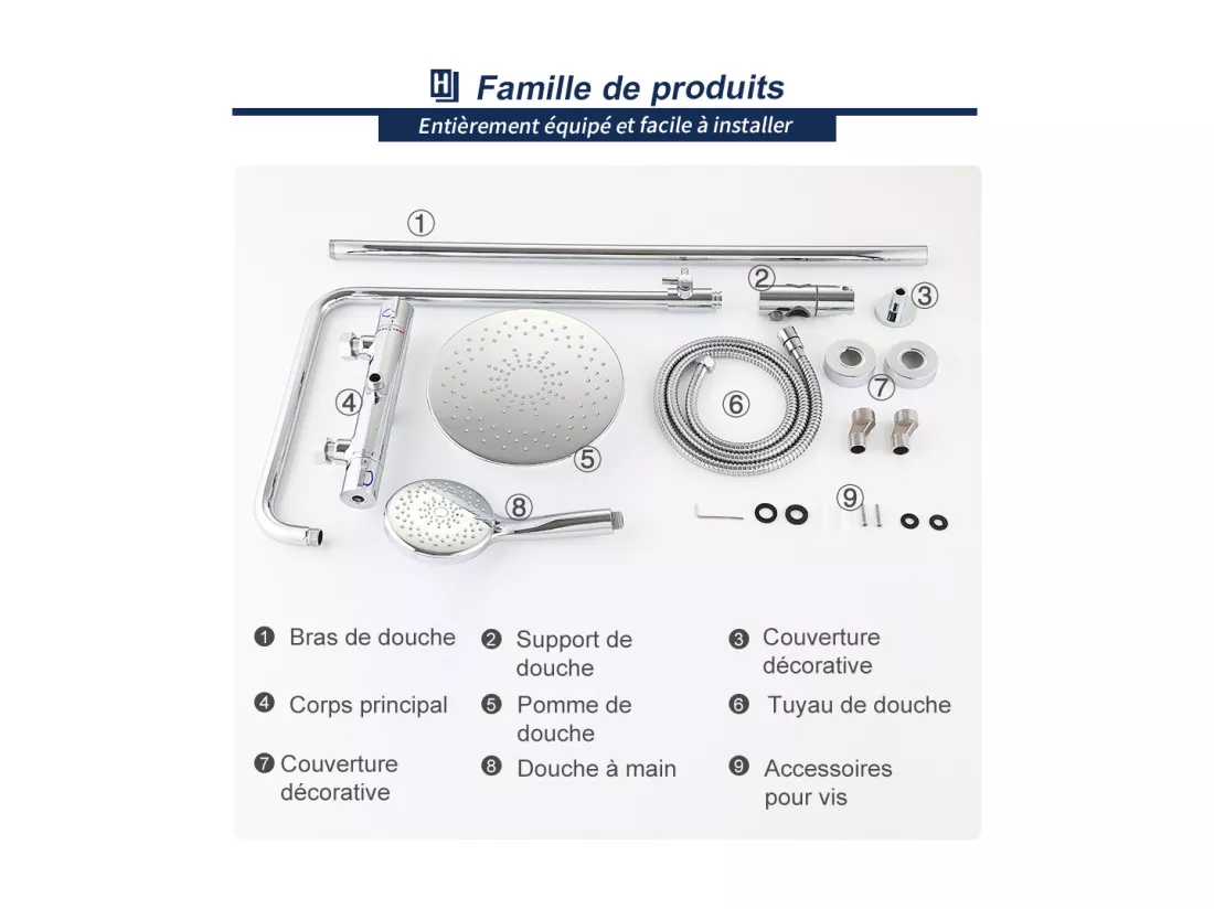 Colonne de Douche Thermostatique Ensemble de Douche Chromé Système de Douche Robinetterie en Laiton Kit de Douche Réglable