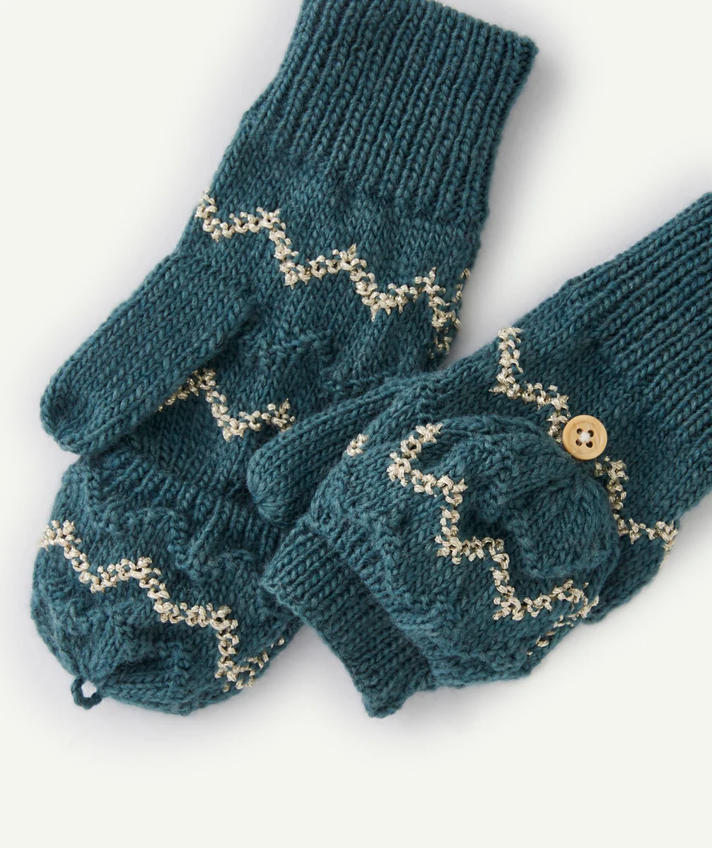 MOUFLES TRICOT FILLE EN FIBRES RECYCLÉES BLEU ET COULEUR ARGENTÉE
