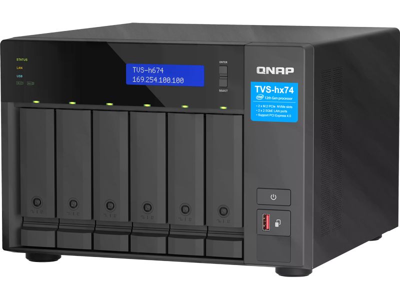 QNAP NAS TVS-h674-i3-16G 6-bay Hochzuverlässiger ZFS-basierter Speicher mit PCIe Gen 4 Erweiterbarkeit für 10/25GbE Konnektivität, M.2 NVMe SSD-Caching und Multi-Thread Prozessoren für Virtualisierungsanwendungen