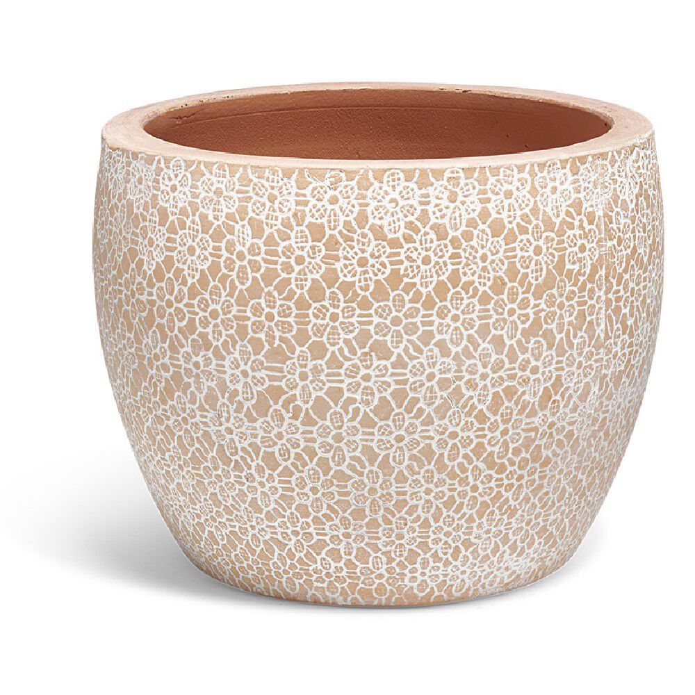 Cache pot rond en terre cuite motif fleur petit modèle