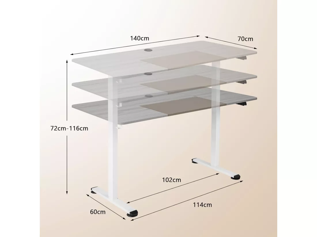 Bureau Assis Debout 70 x 140 cm, Bureau Électrique Réglable en Hauteur avec Mono-Moteur et Panneau à 2 Boutons, Table Réglable Hauteur, Support de Câble, Crochet (Gris Clair)