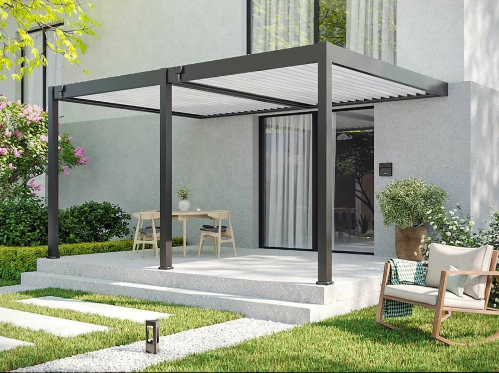 Pergola bioclimatique 3,6 x 5,3m - halo 19m² adossee - gris - aluminium - lames en acier galvanisé - lames orientables de 0 à 120°