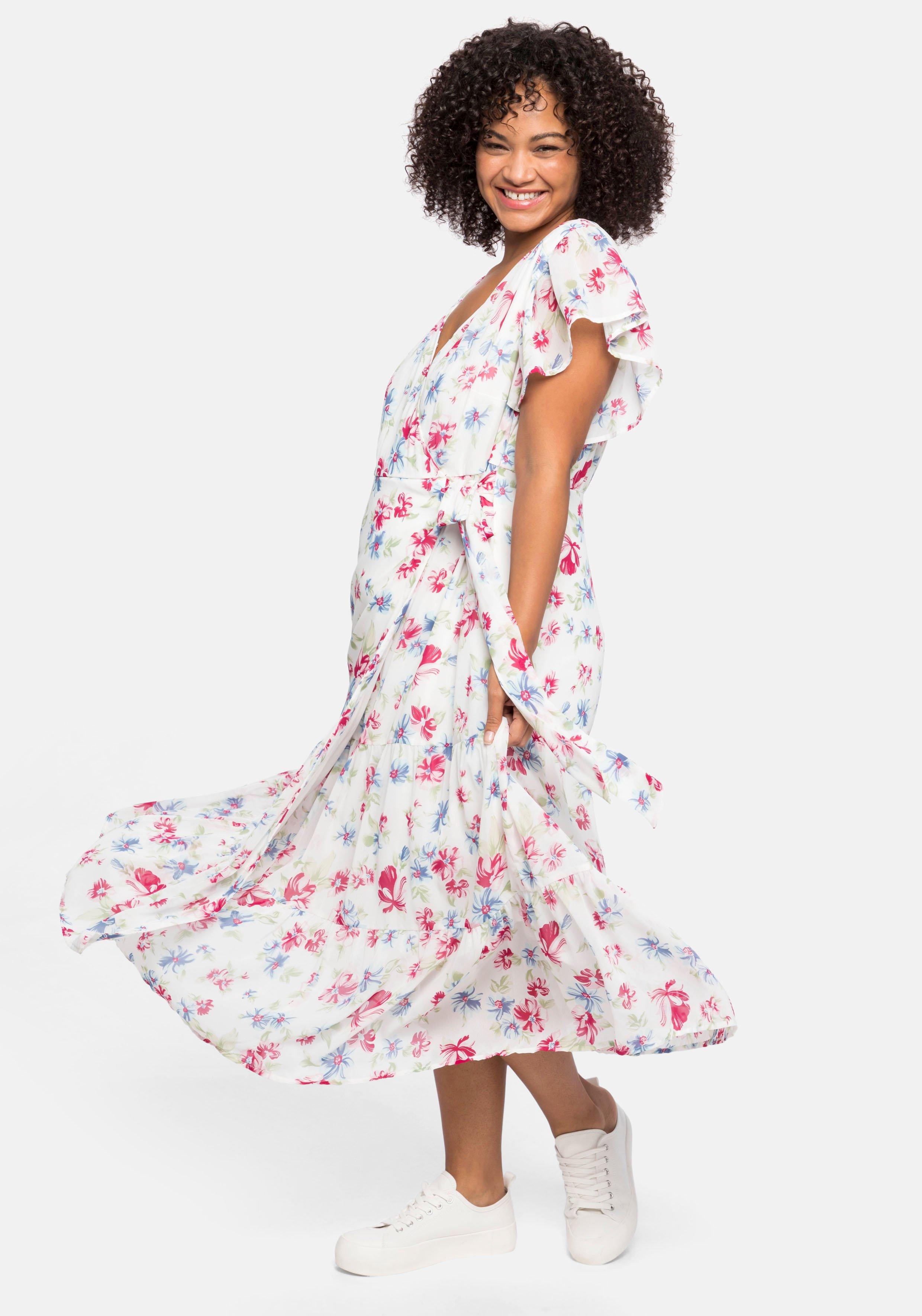 Chiffonkleid mit Blumendruck und Bindegürtel