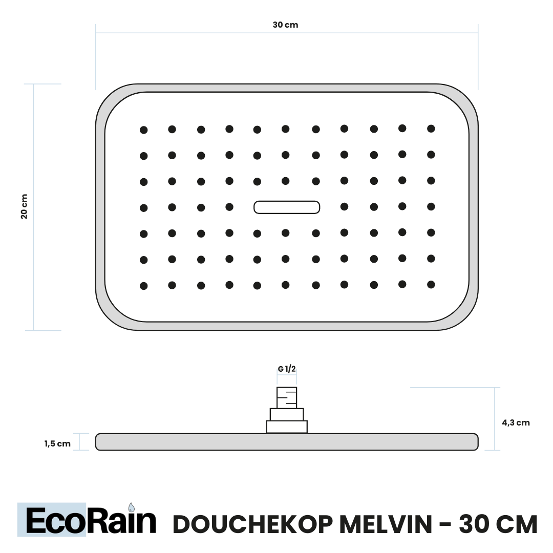 EcoRain Waterbesparende Regendoucheset Melvin XL 30 cm Zwart zonder Thermostaatmengkraan - 30% Waterbesparing - Moderne Regendoucheset - Handdouche 13 cm - Universele Douchekop - Antikalk Douchekop