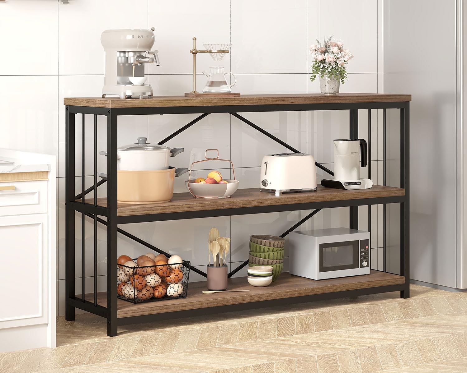 IBF Bücherregal mit 3 Etageren, industrielles kurzes, weit offenes horizontales Bücherregal, Bauernhaus, niedriges Holz, Metall, Bücherregal für Büro, modernes Vintage-Etagere im Schlafzimmer