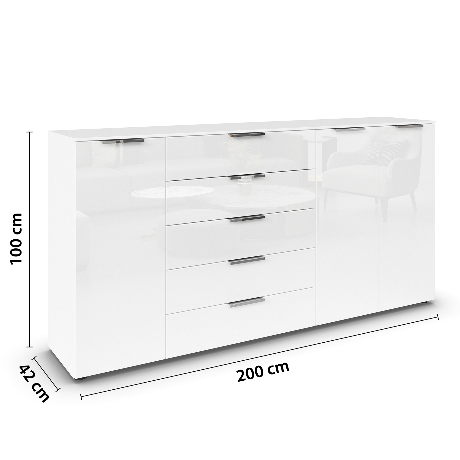 Kommode - alpinweiß-Kristallweißglas - Chromgriffe - 199 cm