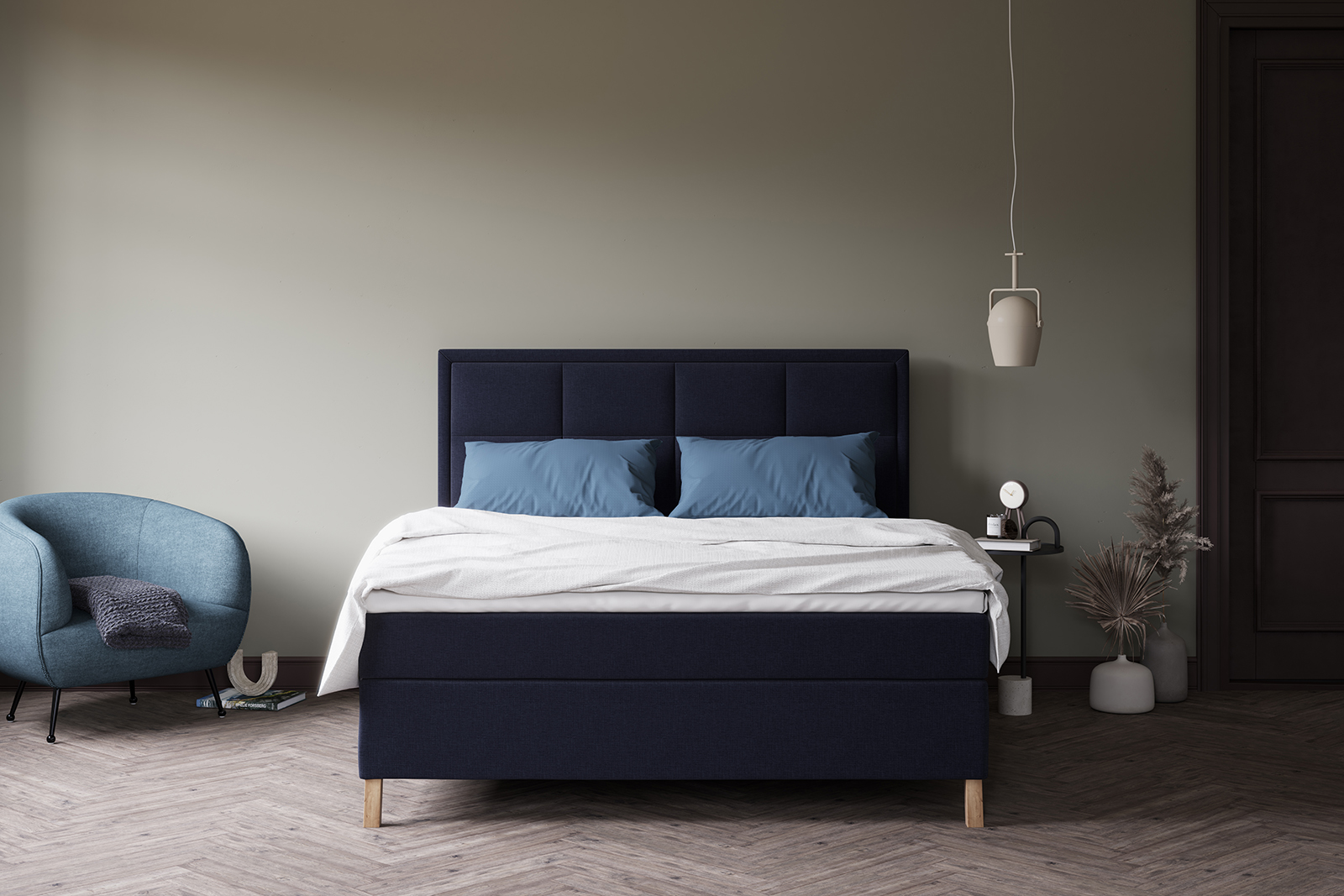 Sensitive 400 kontinentalseng Tekstil Navy 61 i 210x210 cm. Fast/Fast komfort m/Premium latex overmadrass og Tilt oak ben 16cm. Uten hodegavl.
