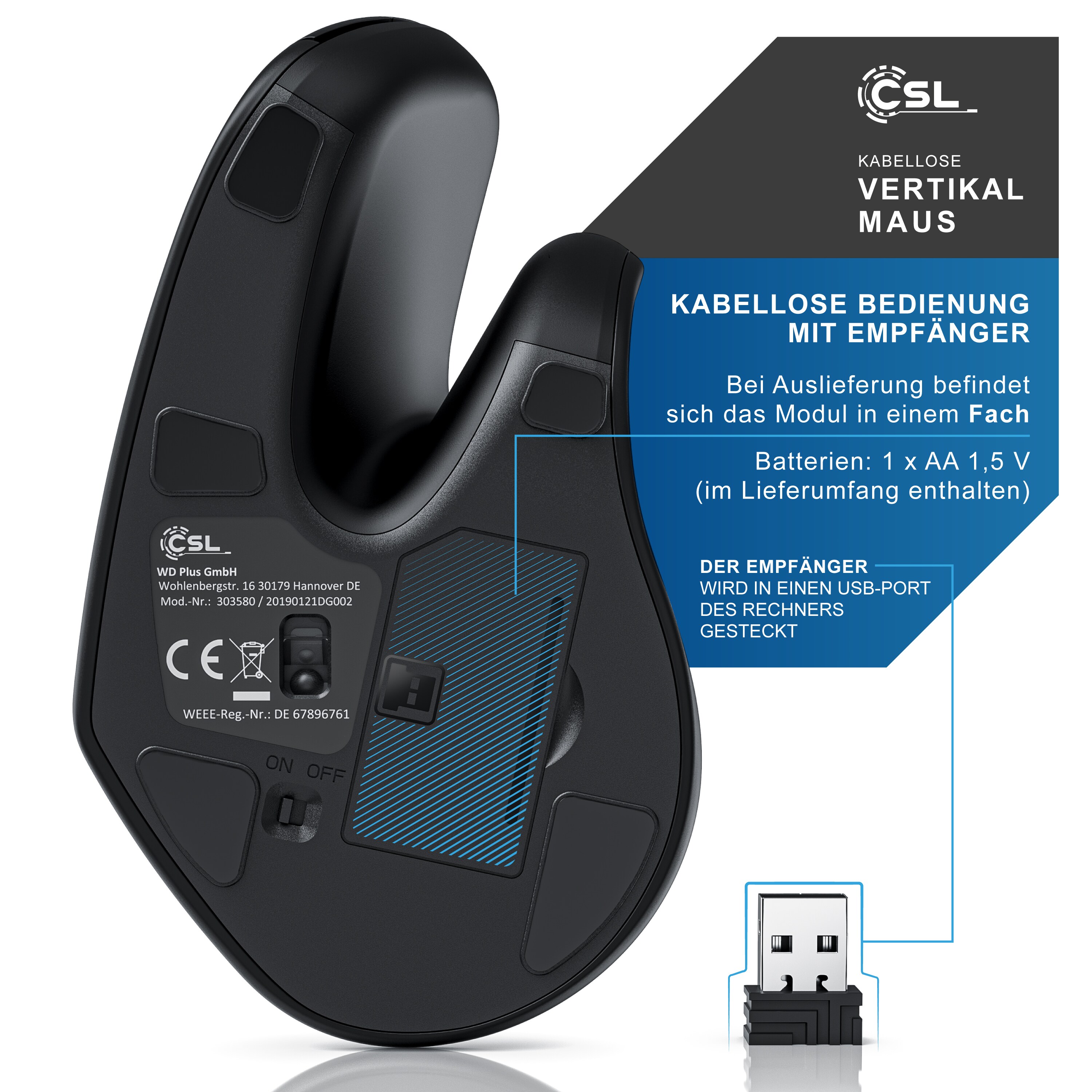CSL ergonomische Maus, Funk, kabellos, kabellose Vertikal Mouse, Vertikalmaus armschonend & ergonomisch