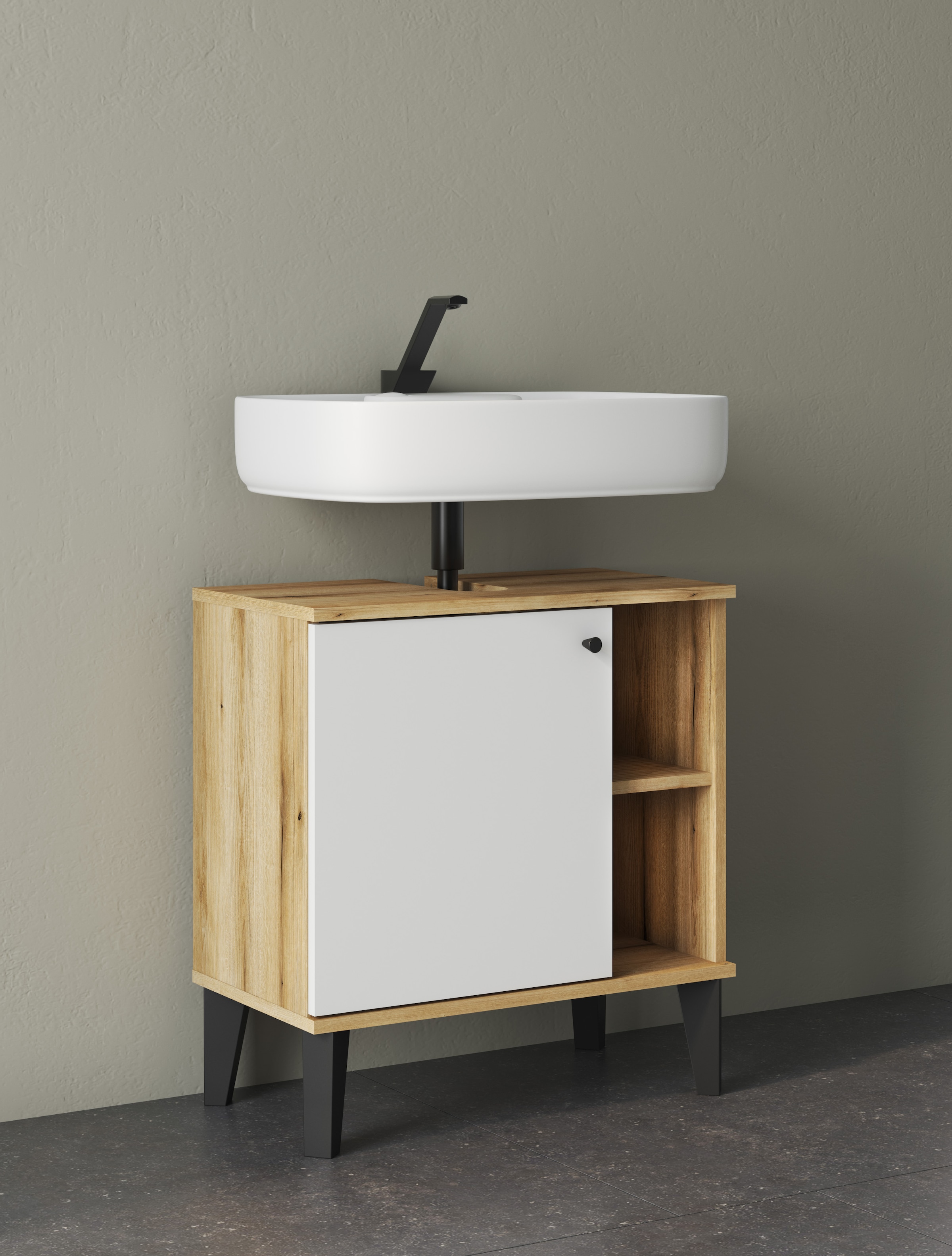 INOSIGN Waschbeckenunterschrank »Oslo, Waschtisch mit Knopfgriff, Badschrank im skandinavischen Design« in der Türfarbe Weiss oder Grau verfügbar, ausreichend Stauraum