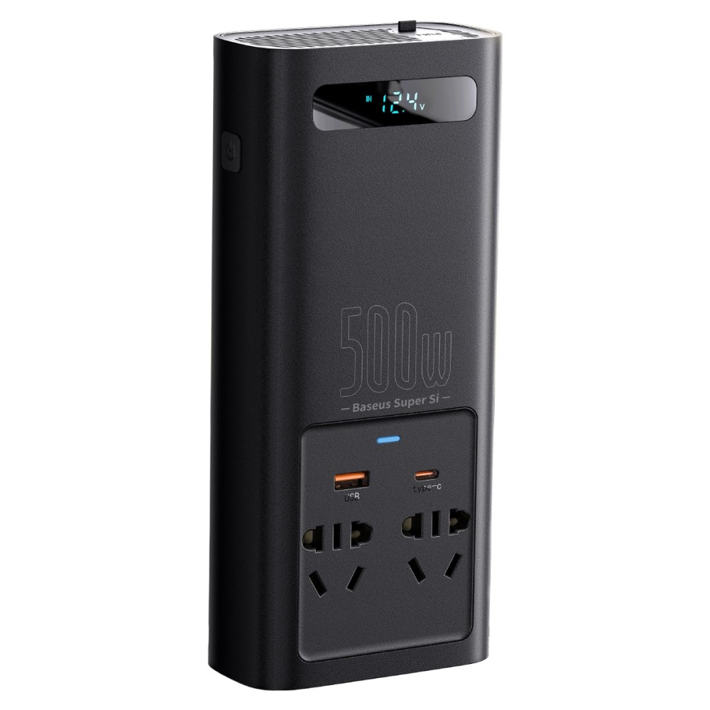 500W Spannungsumwandler 2x AC Steckdosen / 1x USB C / 1x USB A   Auto Batterie Klemmen - Schwarz