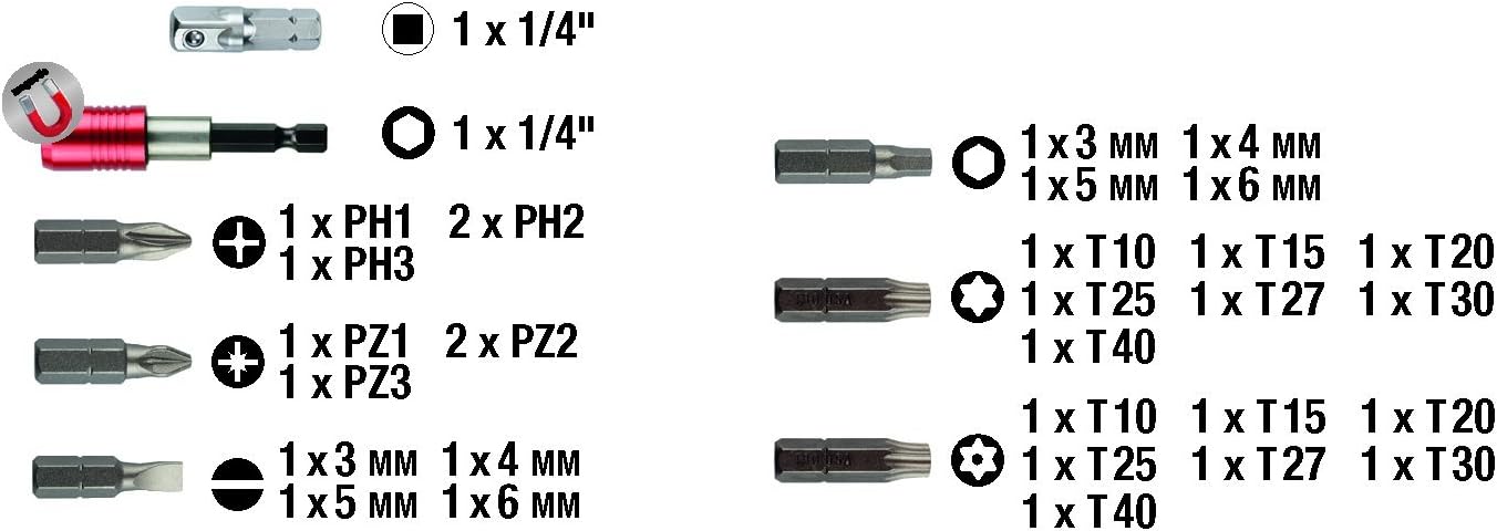 kwb Bit-Set Bitbox mit Bithalter '32-teilig inkl. 44652 Zoll Sechskant-Schaft nach ISO 1173 und C 44626 Form
