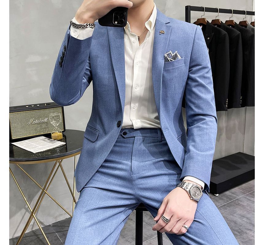 Deepwood - Set: Effen blazer met één knoop + Hoge taille rechte broek