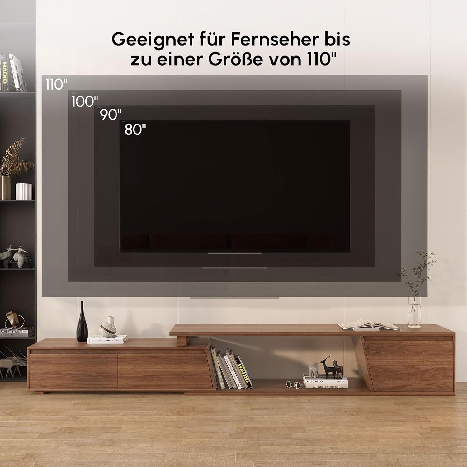 Homary Ausziehbares TV Schrank 180 cm - 280 cm Lang, TV Lowboard Walnuss TV Möbel mit 3 Schubladen, TV-Board für Fernseher bis zu 120 Zoll, Walnuss Moderner Fernsehtisch mit Stauraum für Wohnzimmer