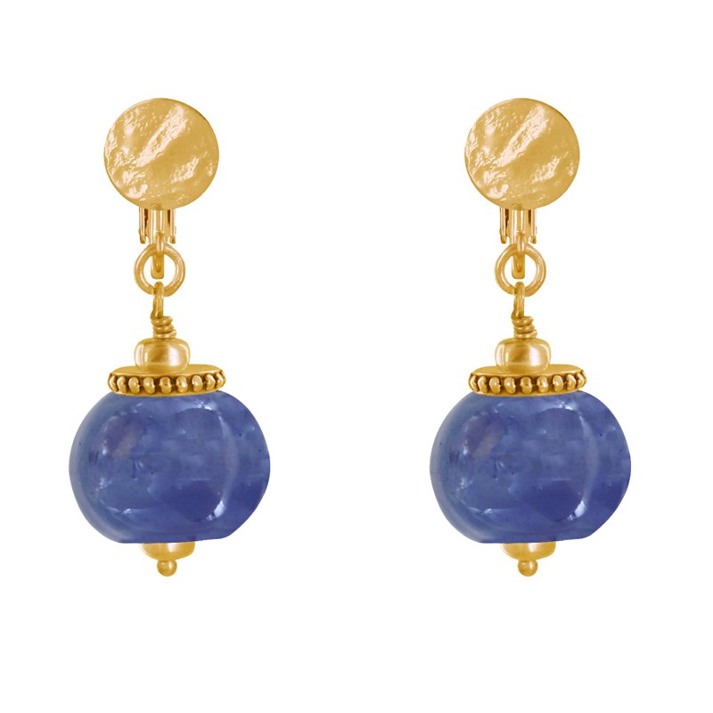 Boucles d'Oreilles Clip Métal Doré et Grosses Perles en Céramique