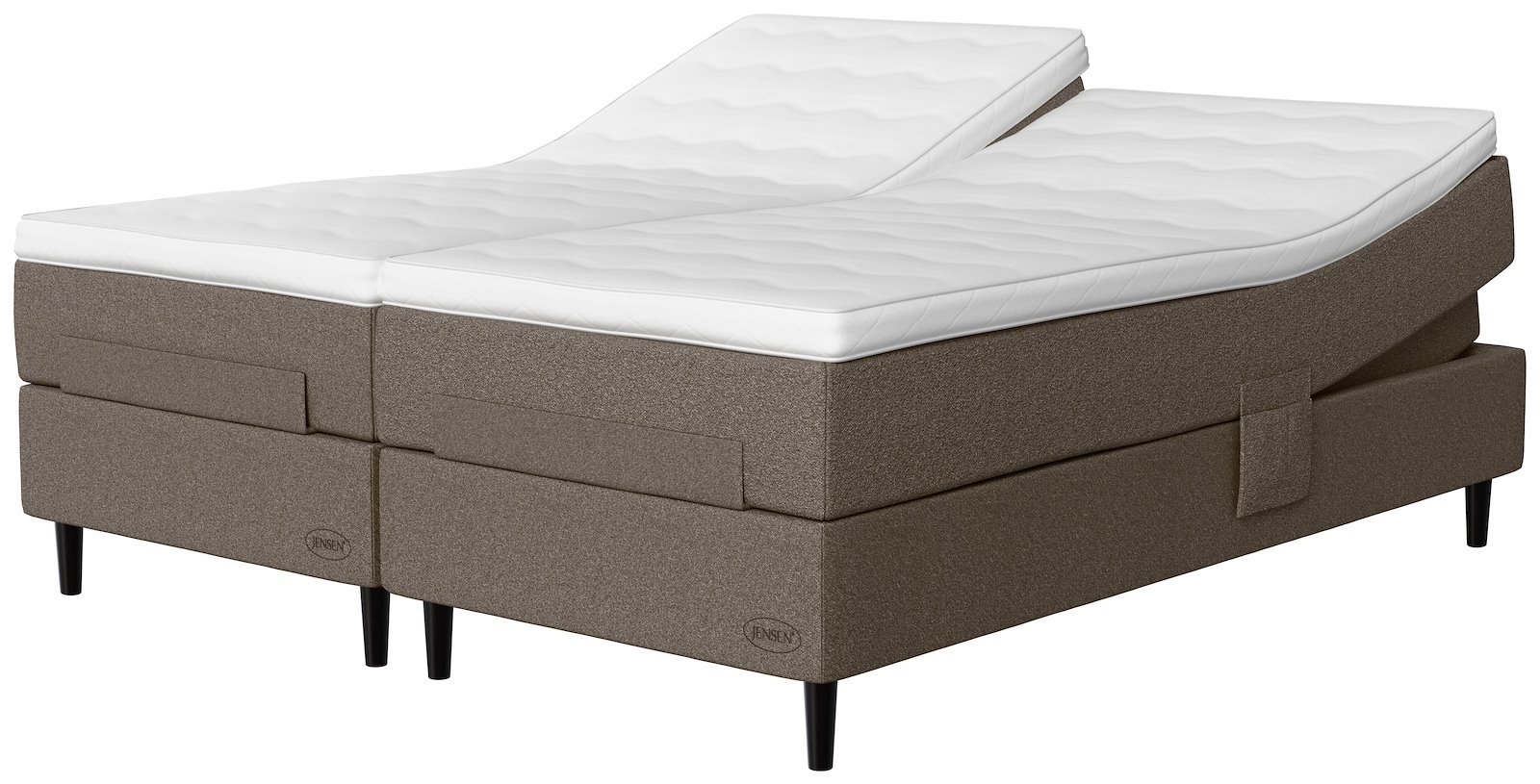 Opal Aqtive II regulerbar seng Tekstil 188 gråbrun, fast/fast, seamless, Tempsmart Split topper overmadrass, Conic 14 cm sorte ben + støtteben