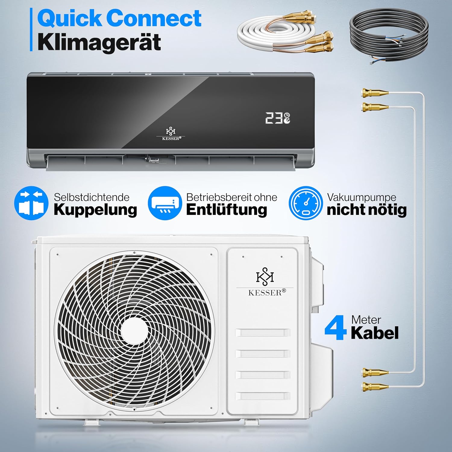 KESSER® Split Klimaanlage Set Quick Connect 9000 BTU 2,6 kW – WiFi & App Klimagerät mit Heizfunktion & Kühlmodus Wandklimaanlage, mit Kupferleitung Kältemittel R32 Inkl. Montagematerial