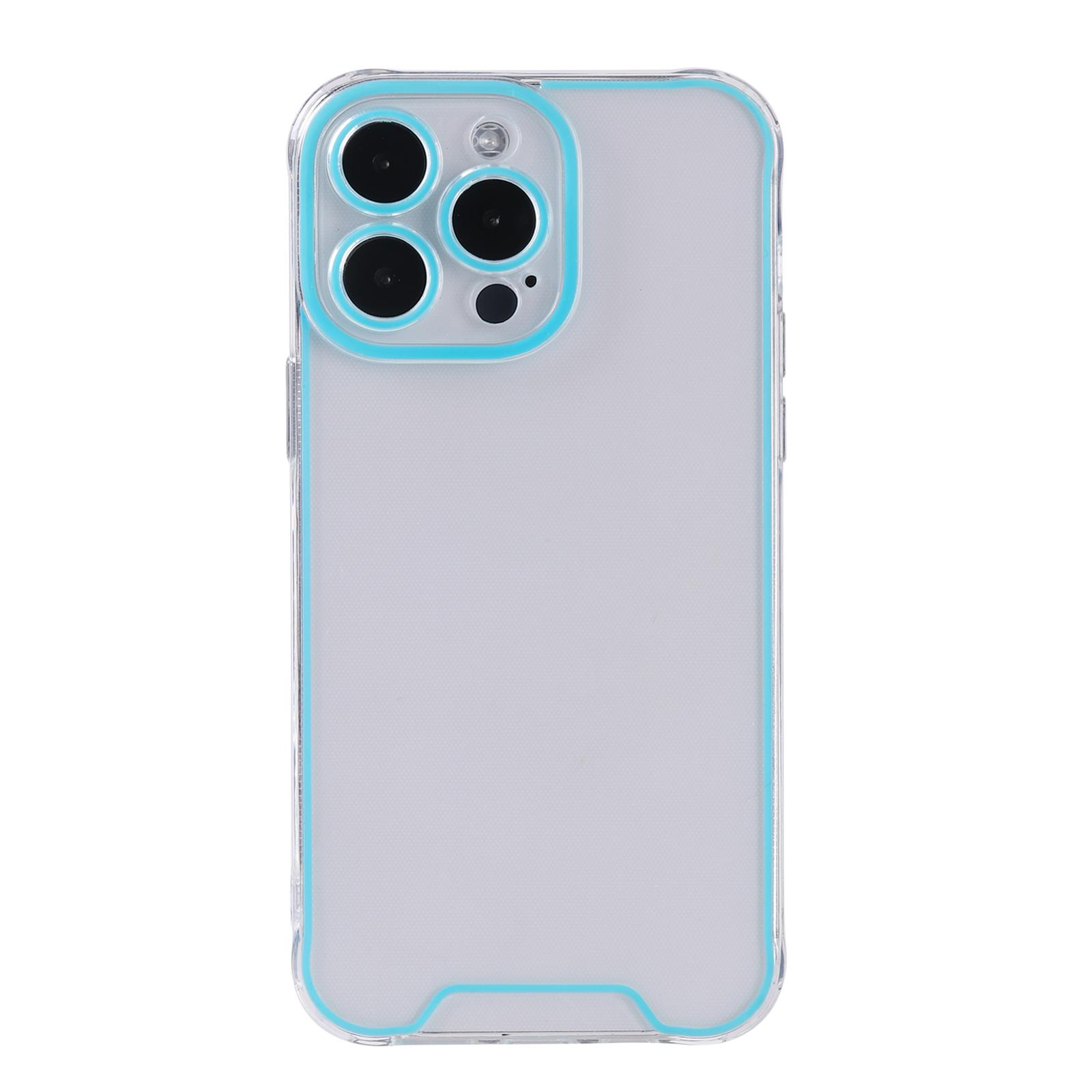 iPhone 14 Pro Gummi Case Hülle mit Fluoreszierendem Rahmen - Blau / Transparent