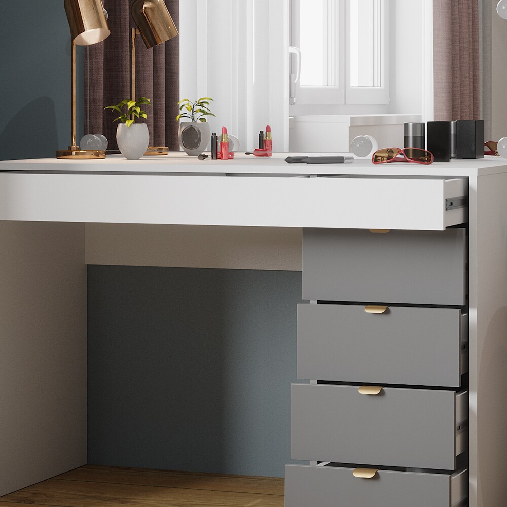 Vicco Schminktisch Elise Weiß Grau 115 x 76 cm modern Frisiertisch Schubladen Spiegel LED-Beleuchtung