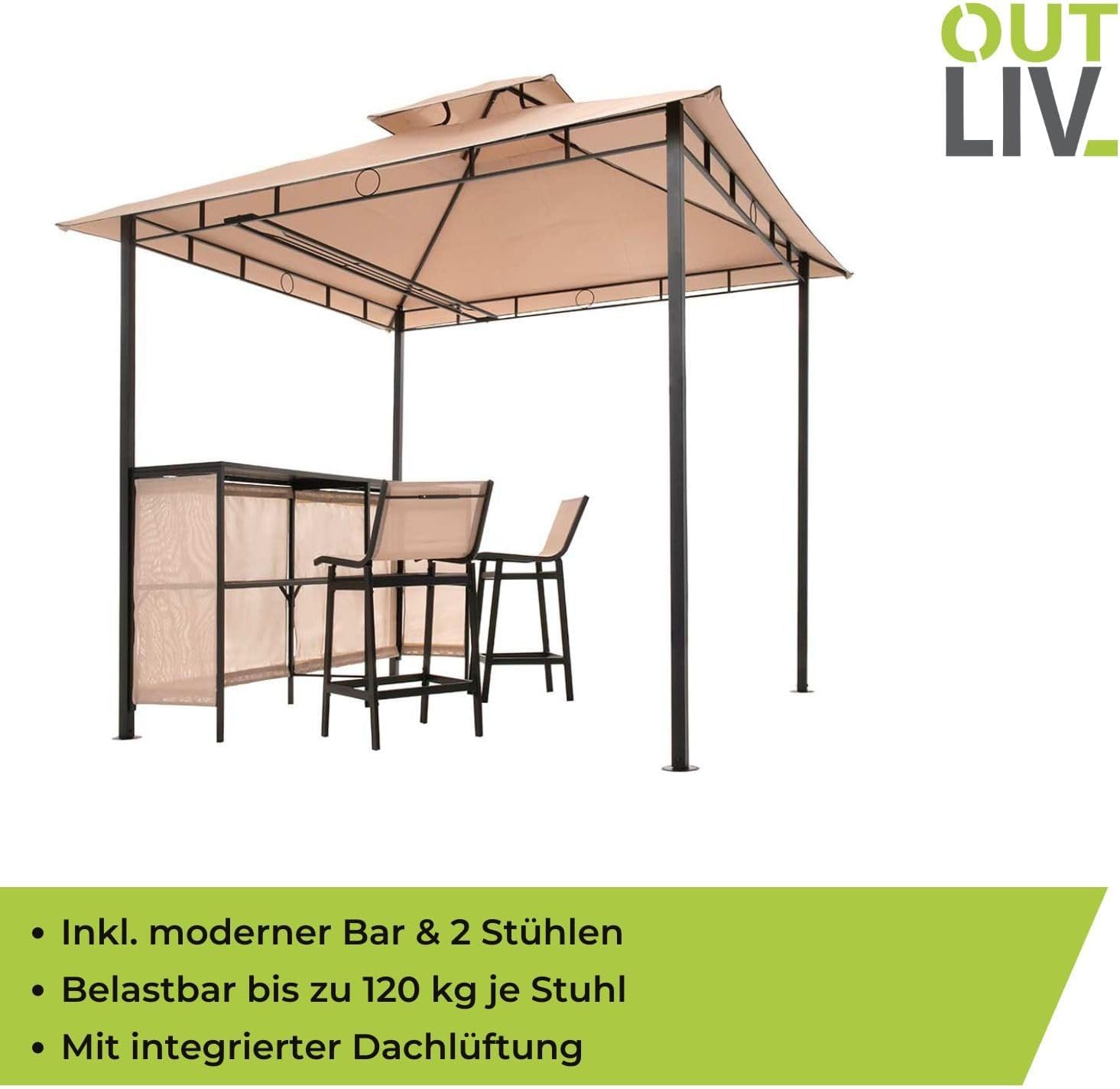 OUTLIV. Gartenpavillon, mit Bar und 2 Stühlen, strapazierfähig, langlebig, inkl. Thekenabdeckung und integrierter Dachlüftung, 240x240x250, Beige
