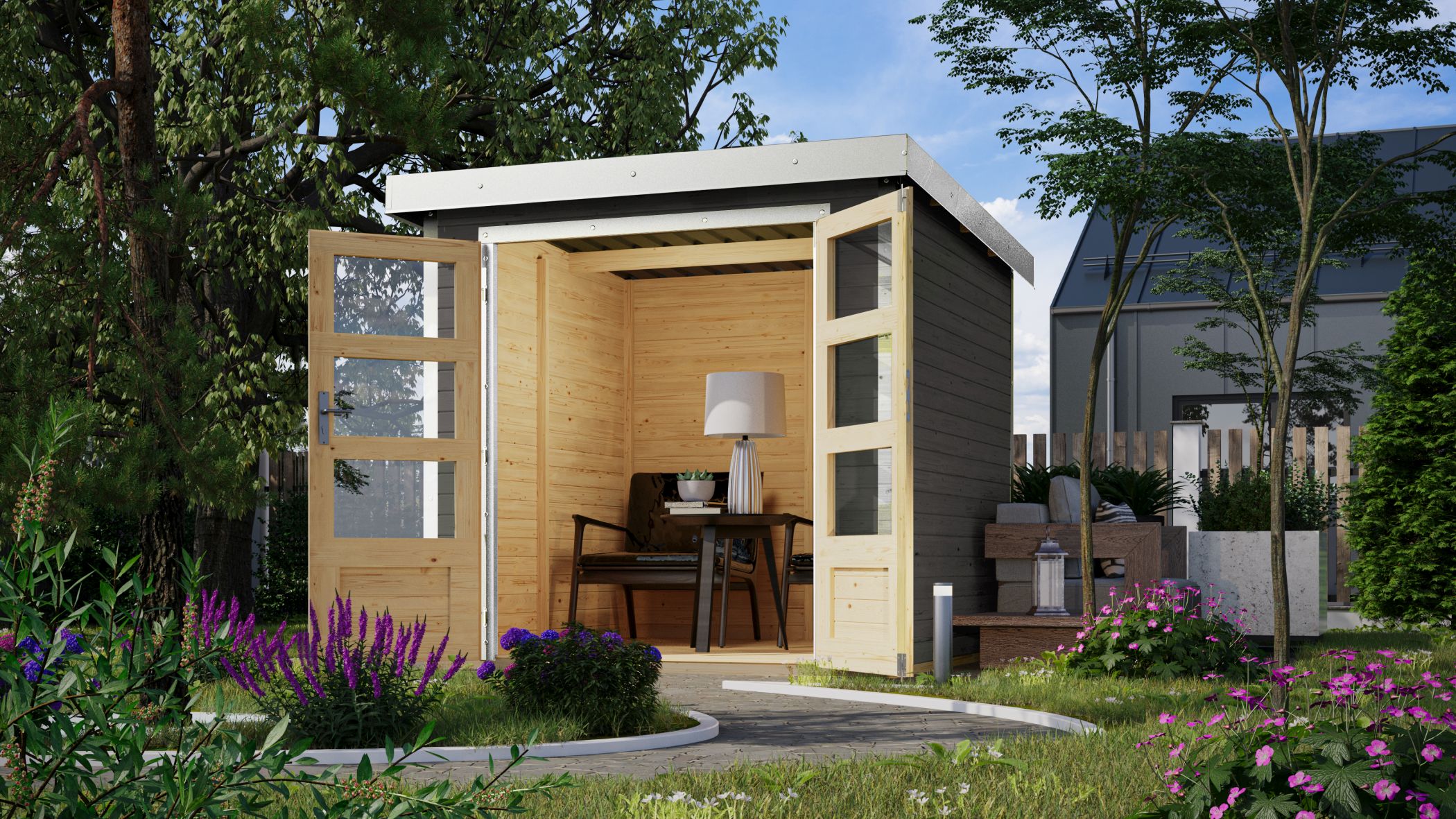 Karibu Hybrid Gartenhaus Hollywood terragrau inkl. Fußboden Gartenlaube Geräteschuppen Gartenhütte
