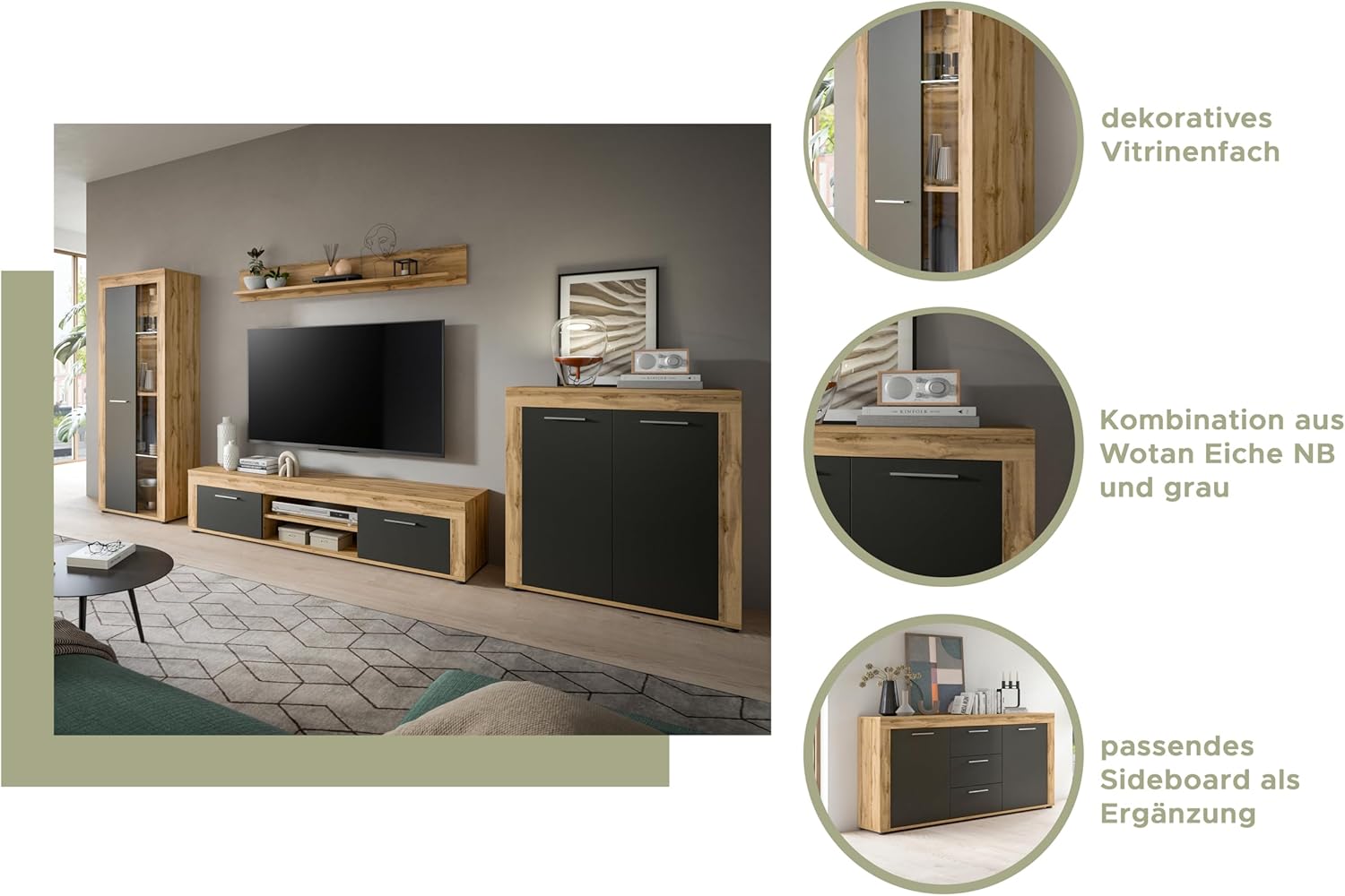 xonox.home Wohnzimmer Jam Highboard Hochkommode Wohnzimmerschrank Hochschrank Anrichte in Front grau Nb. Korpus/Absetzung Wotan Eiche Nb., ca.80x88x35 cm