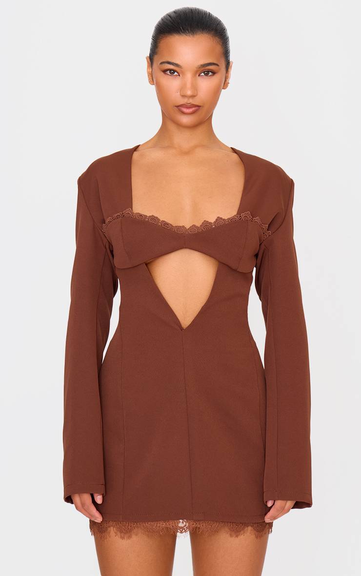 Chocolat Robe Blazer Avec Détail De Dentelle Tissée