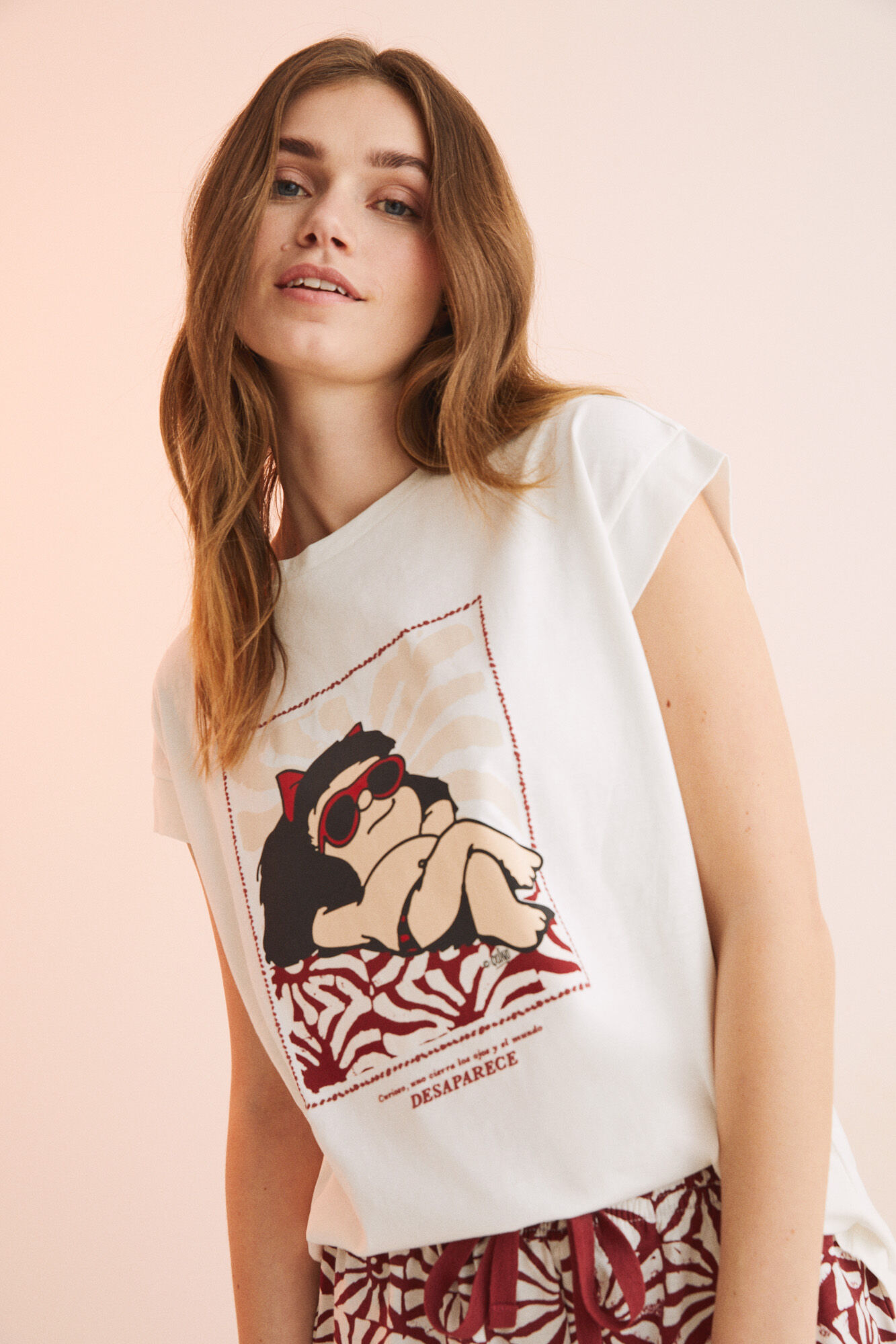 Pijama curto Mafalda, 100% algodão, branco - bege