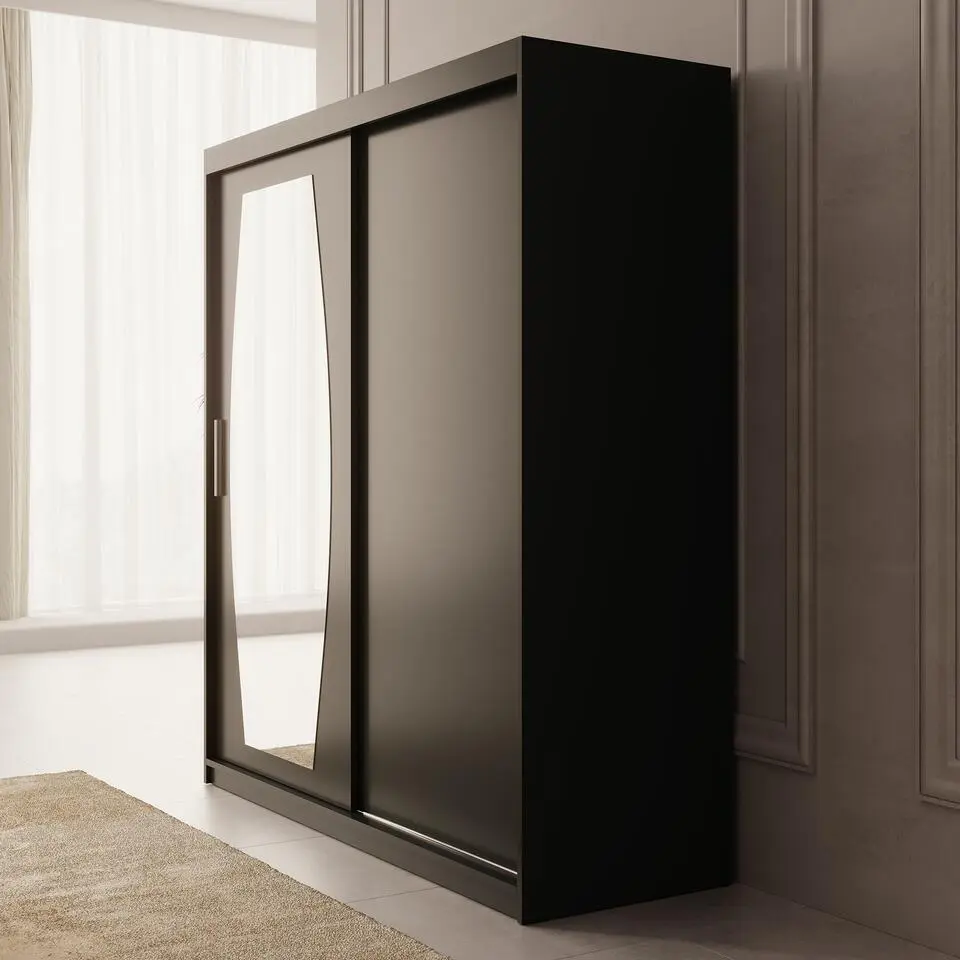 Meubella - Kledingkast Azai - Zwart - 180 cm - Met spiegel