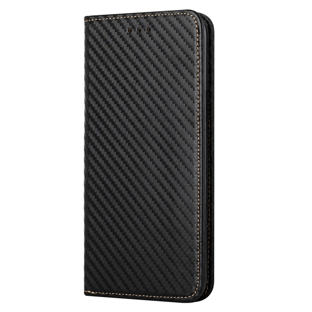 iPhone 15 Pro Leder Tasche Flip Cover Carbon Look - Schwarz