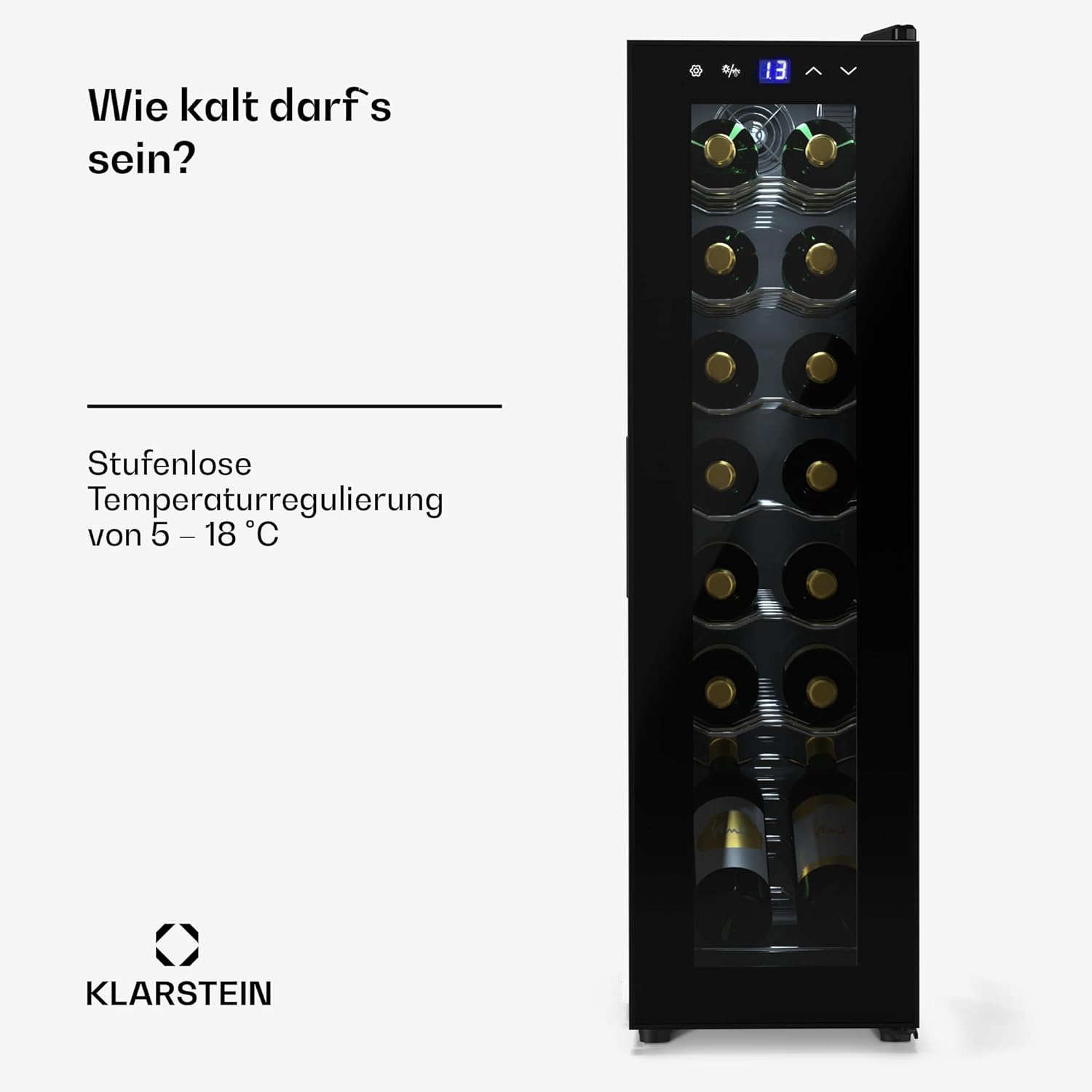 Klarstein Weinkühlschrank,1 Zone Getränkekühlschrank mit Glastür, Leiser Indoor/Outdoor Kühlschrank, 41L Flaschenkühlschrank Klein, Weinschrank für Getränke, Weinkühler für 14 Flaschen