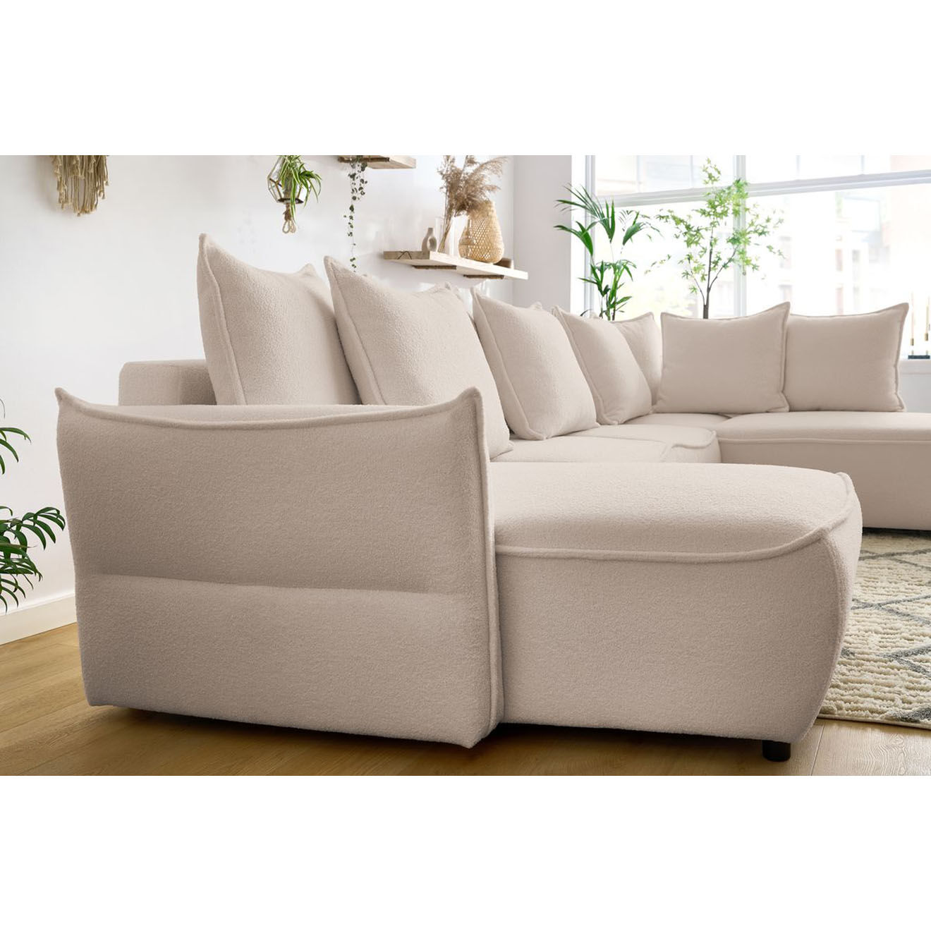 Bobochic Canapé panoramique convertible coffre d'angle gauche bouclette léon beige - 320x194x90 cm