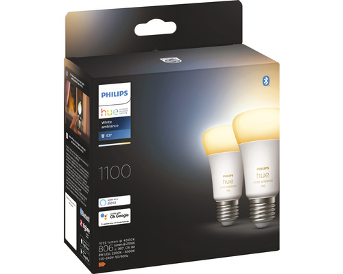 Philips Hue White Ambiance dimbare matte lampen, 2x A60 E27/8W (75W) 1100 lm 2200-6500 K, 2 stuks - Compatibel met SMART HOME van Hornbach
